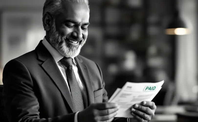 A businessperson holding an unpaid invoice with a gavel symbolizing legal action for non-payment.